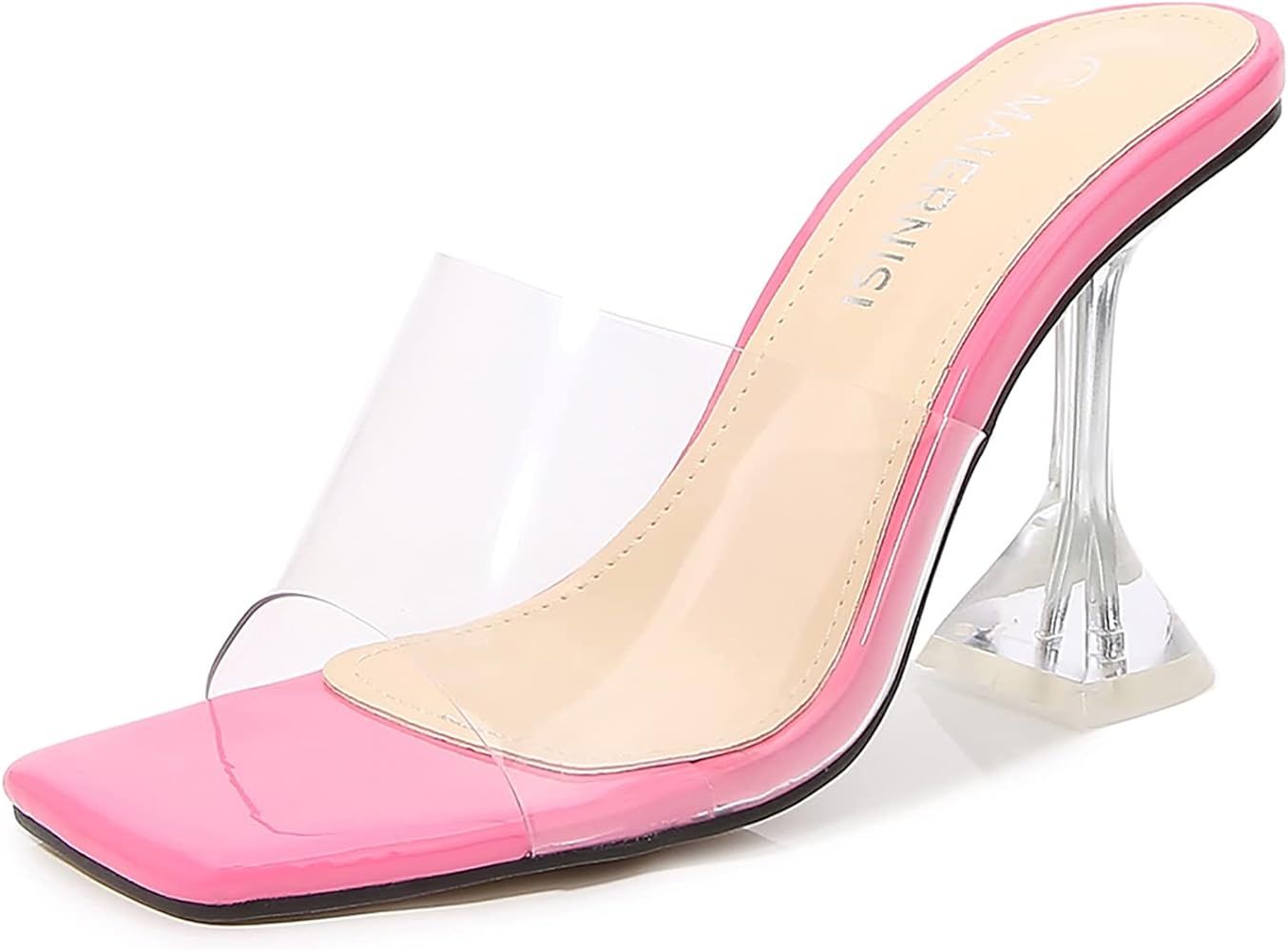 Women's Clear Heels Sandals Square Toe High Stiletto Mules Slip on Wedding Dress Heel | Amazon (US)