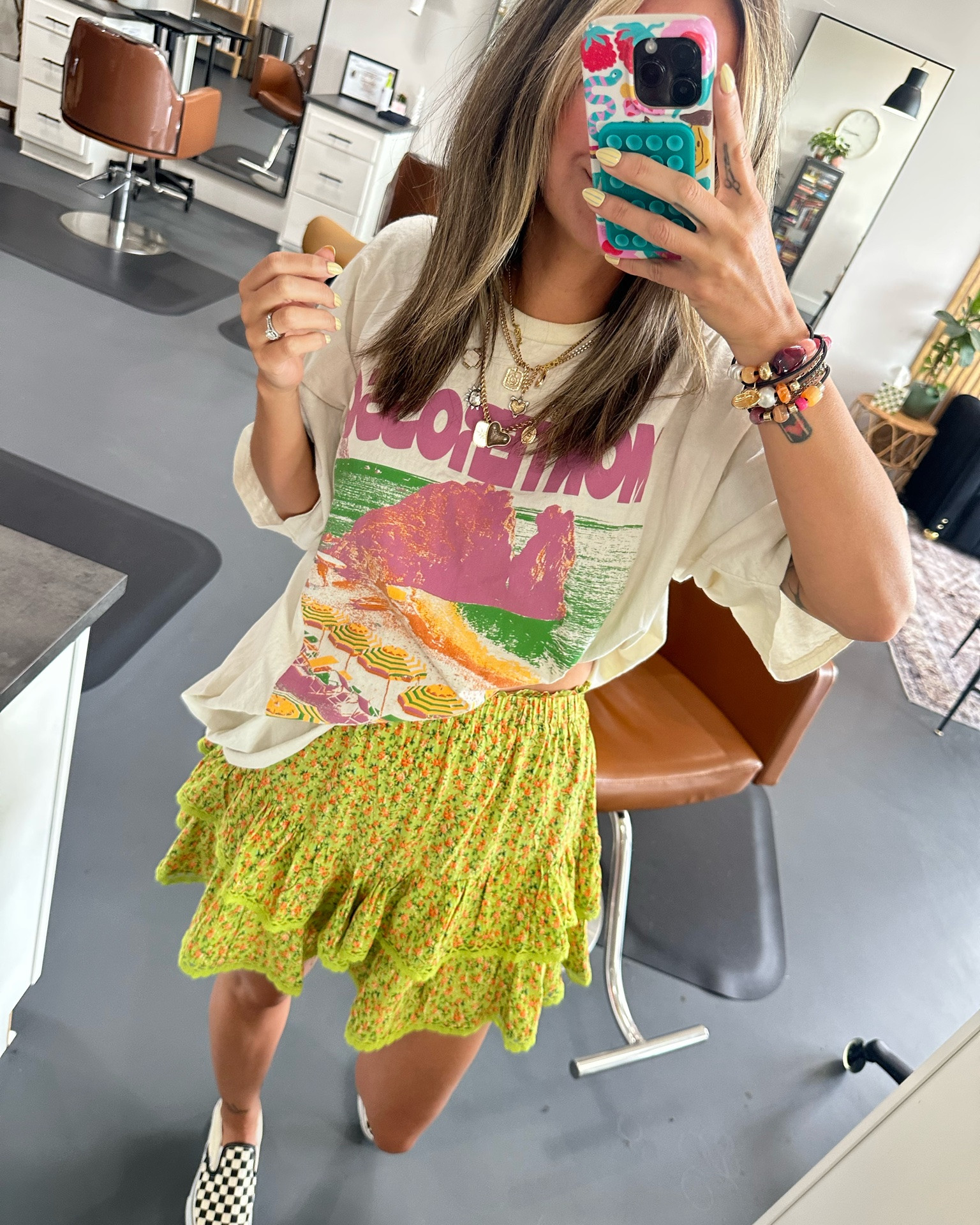 Skorts and graphic tee is a summer staple! How cute are these beaded ponytail holders?! So fun to wear as bracelets but actually are usable!

#LTKootd #LTKMothersDay #LTKmomlife