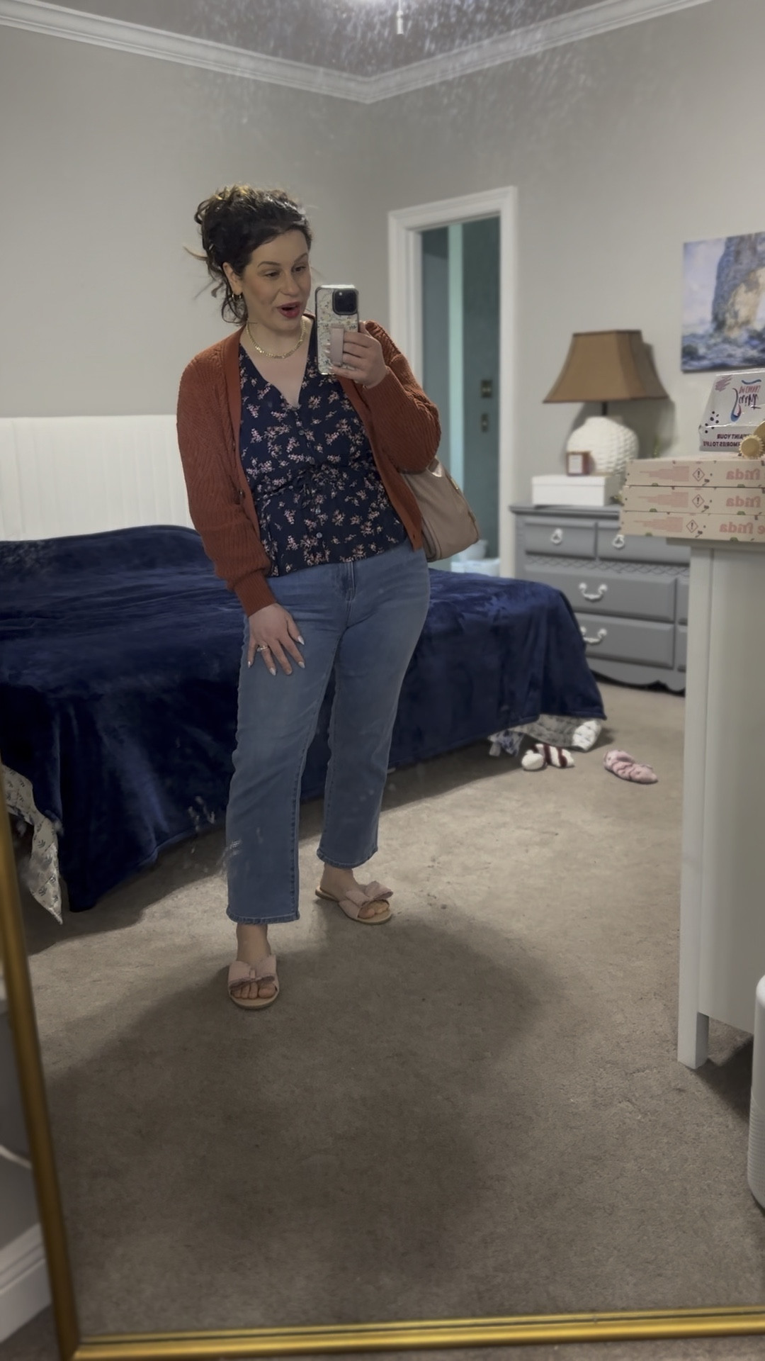 Super comfortable and easy outfit for day! Wearing a medium in the blouse & sweater, 8 (29) in the jeans. 

Jeans, sweater, slides, midsize style 

#LTKStyleTip #LTKWatchNow #LTKMidsize