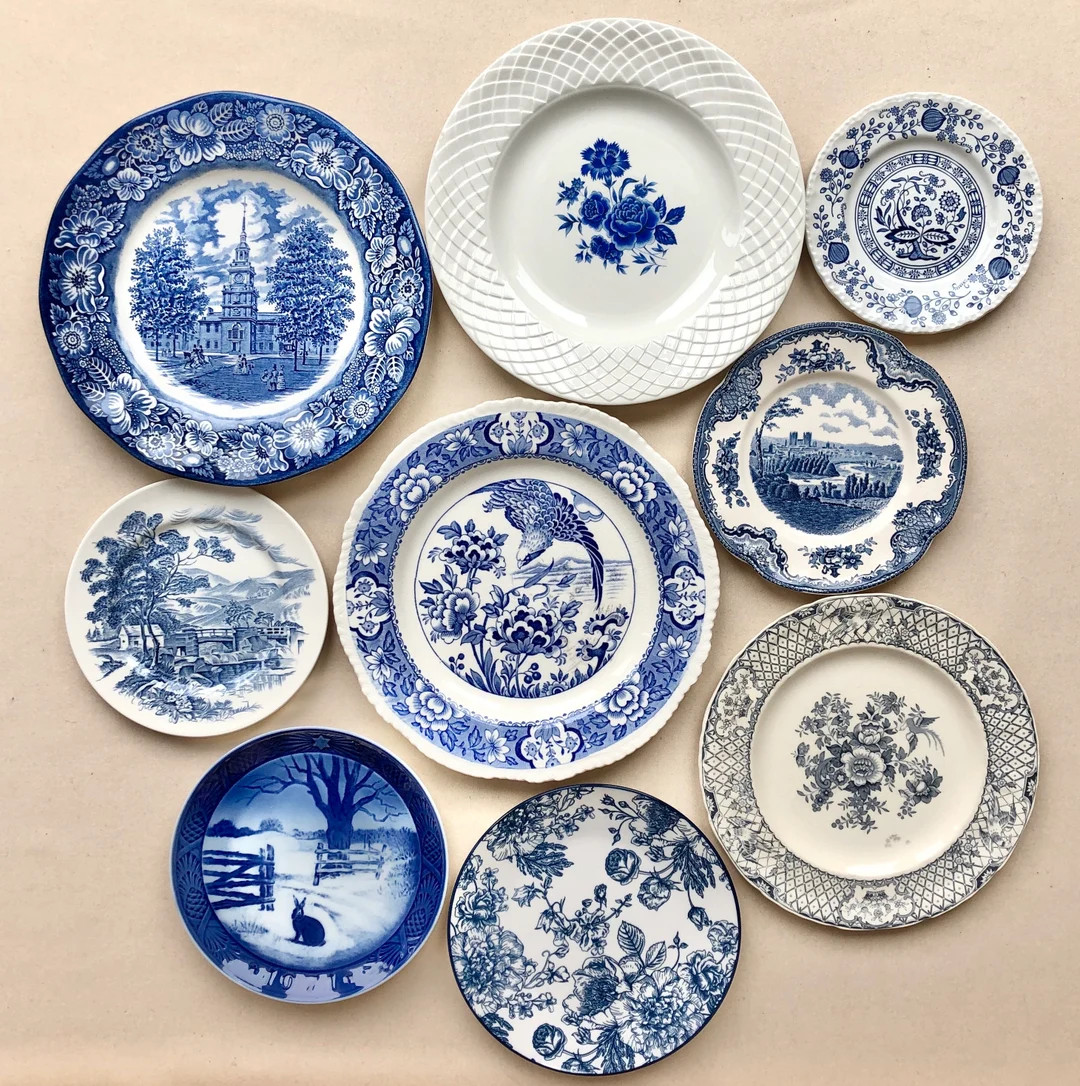 Rare Vintage / Antique Gallery Wall Set of 9 Plates. Shades of Blue, Flow Blue and White Transfer... | Etsy (US)