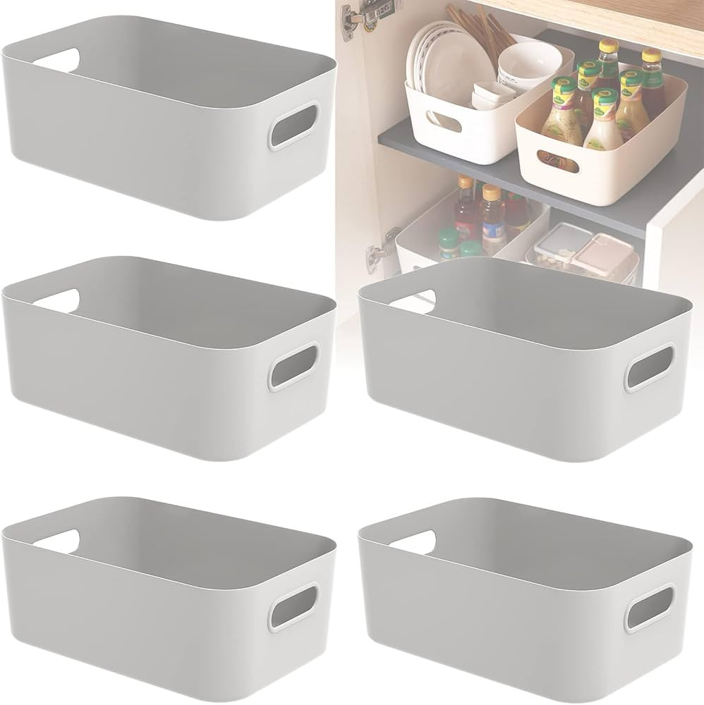 W&H 5 PCS Grey Plastic Storage Baskets with Handle, Rectangular Kitchen Organiser, Small Baskets ... | Amazon (UK)