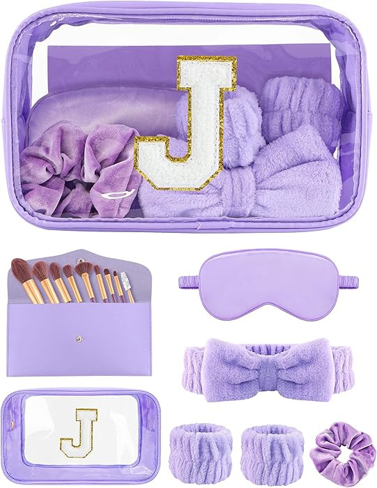 Gift Sets for Women, Initial Makeup Bag with Makeup Brush Set Bachelorette Party Favors, Purple S... | Amazon (US)