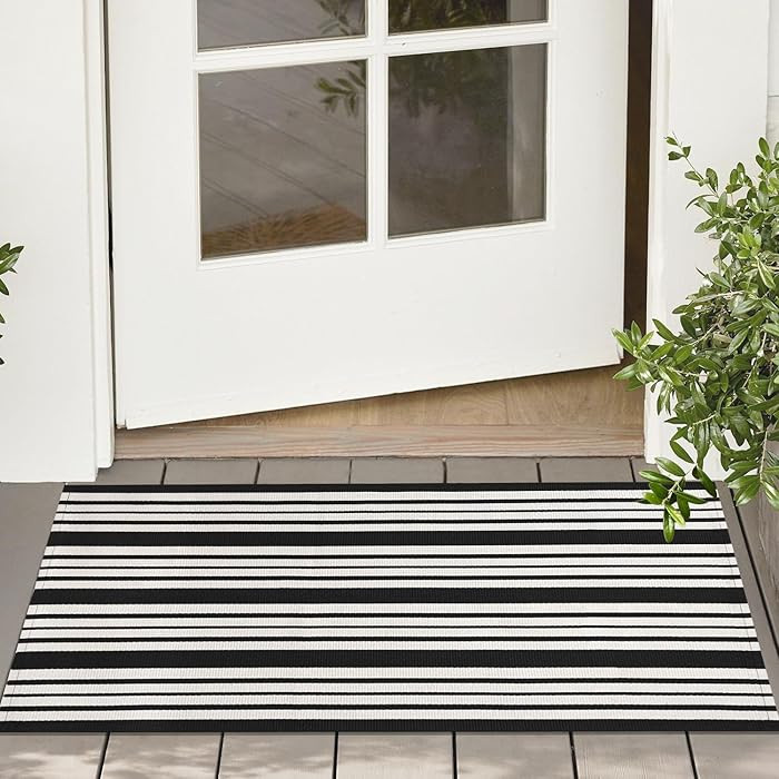 KOZYFLY Black and White Striped Doormat 2x3 Ft Small Area Rug Cotton Front Porch Rug Washable Out... | Amazon (US)