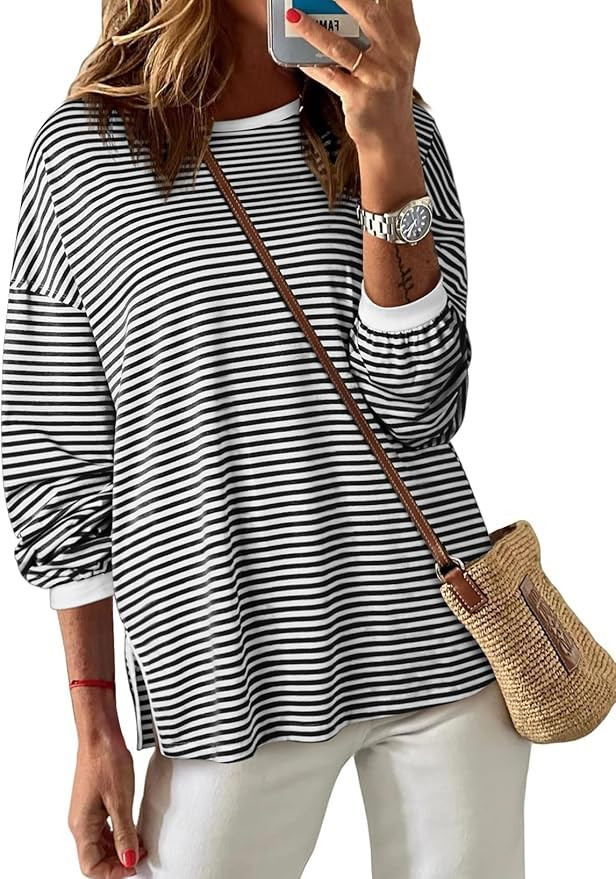 EVALESS Long Sleeve Shirts for Women Trendy Lightweight Crew Neck Striped Tee Shirt Top | Amazon (US)
