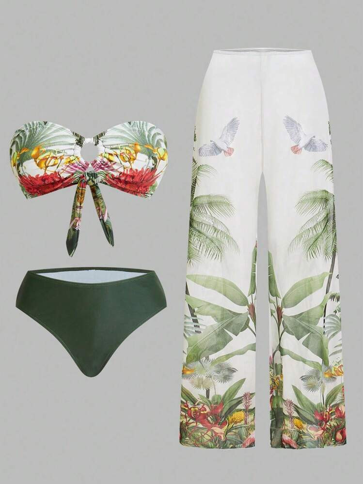 Swim Oasis 3pcs Women Swimwear Set, Bandeau Bikini Set & Flared Wide Leg Pants, Tropical Leaves Print Resort Style, For Summer Beach Vacation | SHEIN