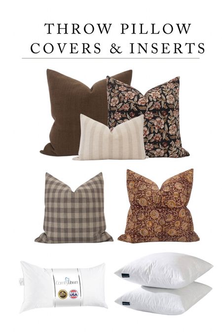 Throw pillow covers & inserts. I recommend getting your insert one size larger than the pillow cover. (I.e.: 22x22 pillow cover gets a size 24x24 pillow insert) 