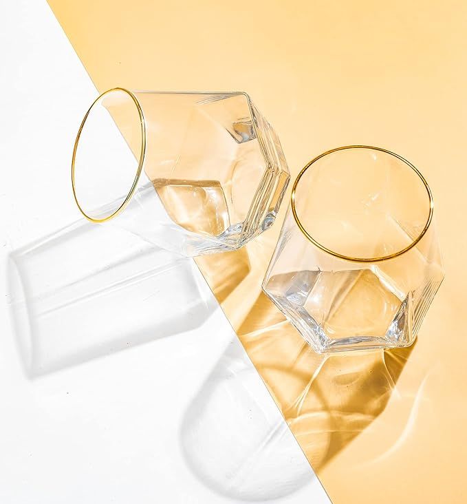 Diamond Wine Glass Set of 2, Modern Stemless Golden Edge Glass Cups Drinking Glassware for Servin... | Amazon (US)