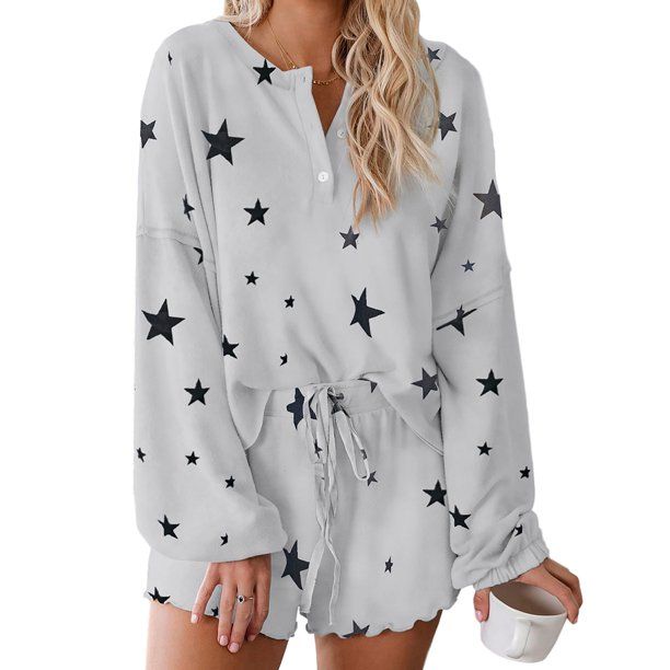 Selfieee Women's Star Printed Long Sleeve Shirt and Drawstring Shorts Pajamas Set Sleepwear 30067... | Walmart (US)