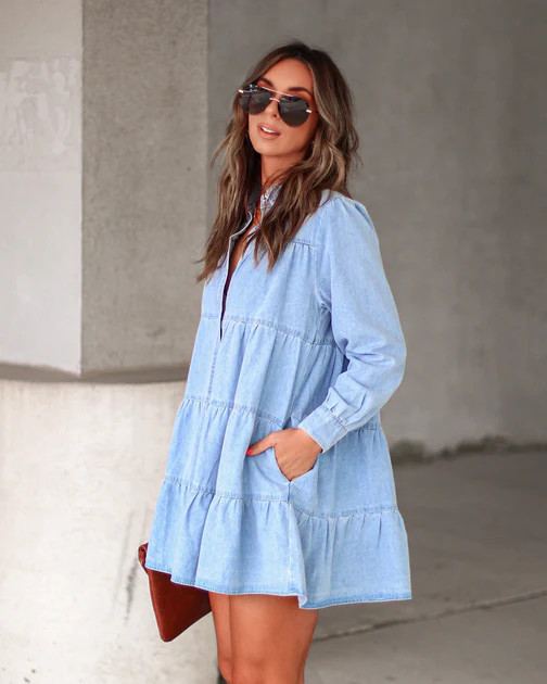 Kora Denim Tiered Pocketed Mini Dress | VICI