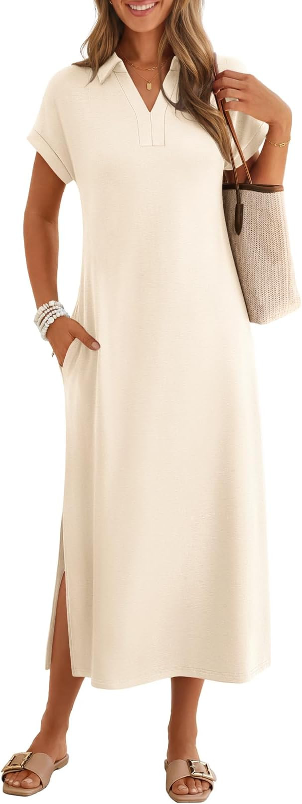 MEROKEETY Women's Summer Casual Maxi Dress 2026 Cap Sleeve V Neck Collared Beach Vacation T Shirt... | Amazon (US)