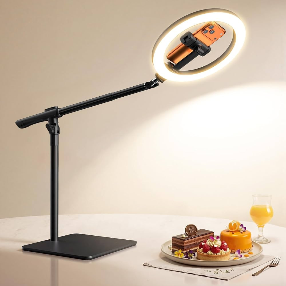 LUXSURE Ring Light with Stand for Desk,Adjustable Overhead Phone Mount with 10" Selfie Light Phon... | Amazon (US)