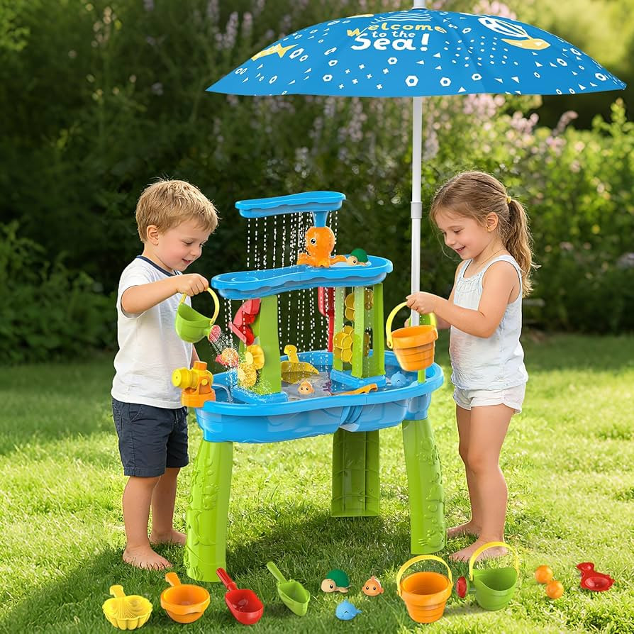3-Tier Toddler Kids Water Sand Table With Umbrella - Summer Outdoor Toys with Stable Design, Mult... | Amazon (US)