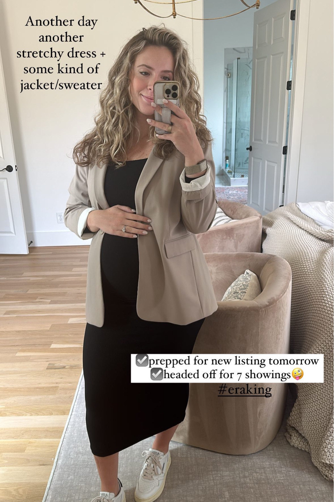 Bumpsuit; maternity dress; stretchy knit dress; khaki blazer; tan blazer; workwear; bump friendly work outfit; autry shoes

#LTKbump
