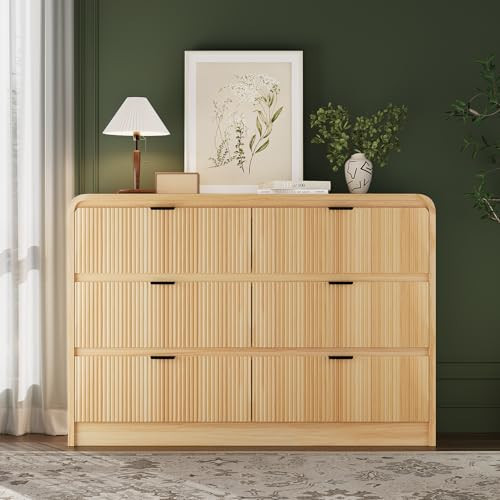 FURSUN 54" Wide Fluted 6 Drawer Dresser, Large Storage Wooden Dresser with Curved Profile & Metal Handles, Modern Chest of Drawers for Bedroom, Living Room, Natural Oak | Amazon (US)