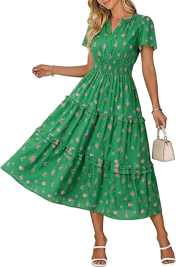 Wenrine Womens Summer Short Sleeve Maxi Dresses Casual Floral V Neck Smocked Tiered Flowy Boho Be... | Amazon (US)