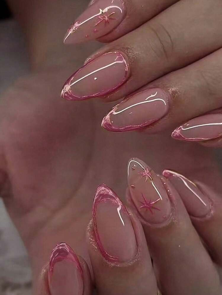 24pcs Almond-Shaped Rose Red Gel Nail Strips, Create 3D Star-Shaped French Acrylic Nail Art, Perf... | SHEIN