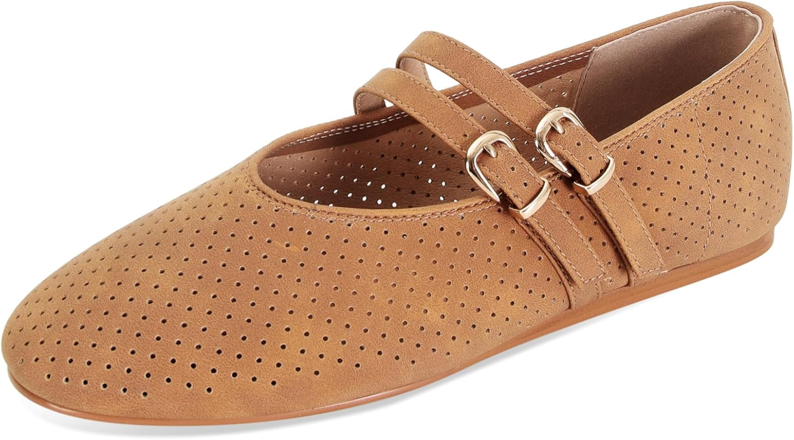 SOVANYOU Suede Mary Jane Flats for Women Perforated Round Toe Ballet Flats with Double Buckle Str... | Amazon (US)