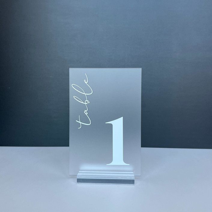 Frosted Acrylic Table Number, White Lettering And Clear Acrylic Base | Minted