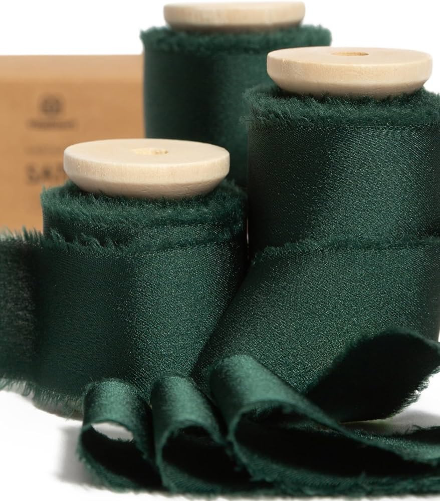 Vitalizart Silk Satin Ribbon 1 Inch x 15 Yard Wooden Spool Dark Green Handmade Frayed Ribbon for ... | Amazon (US)