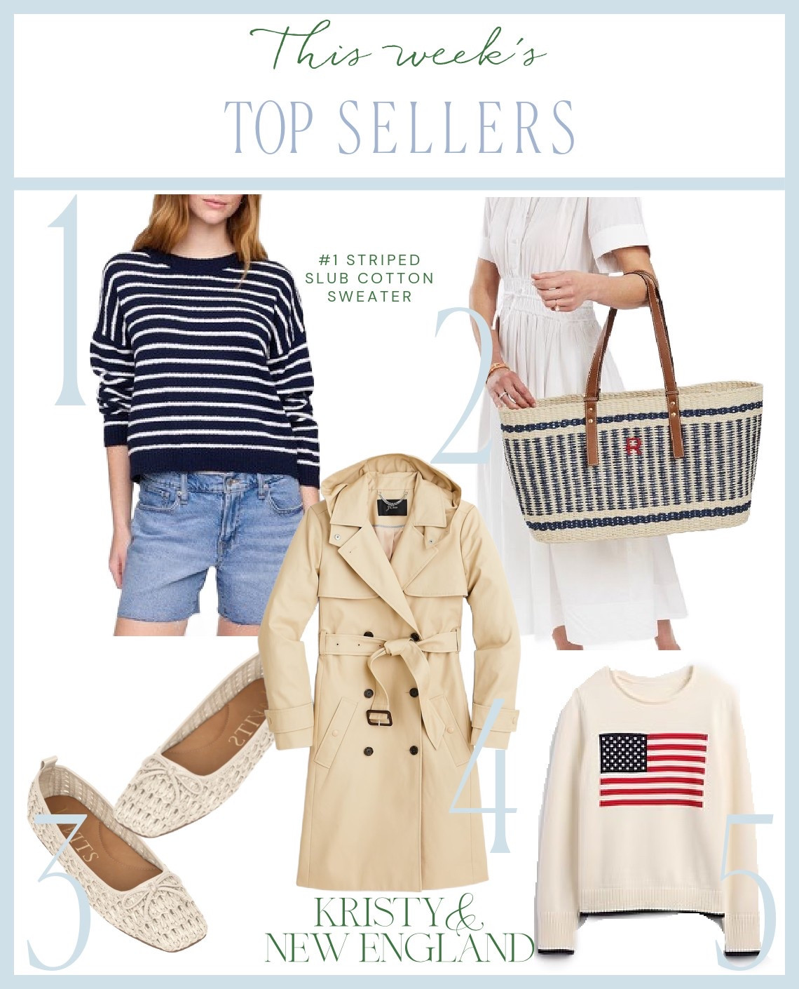 Top Sellers of the Week #1 Navy & White Slub Cotton Sweater #2 Woven Market Tote #3 Cream Woven Flats #4 Classic Trench Coat #5 Cream Flag Sweater

#LTKItBag #LTKOver40 #LTKSaleAlert