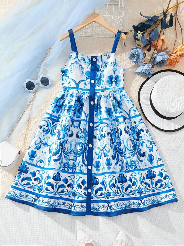 Tween Girls' Square Neckline Button Detail Floral Printed Cami Dress | SHEIN