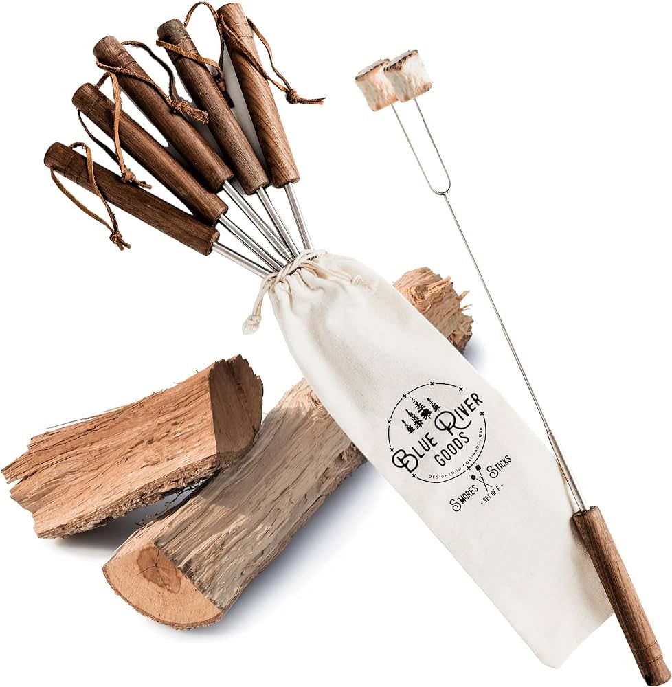 Smores Sticks | Set of 6 Marshmallow Sticks for Fire Pit | Stainless Steel w/Walnut Handles | Smo... | Amazon (US)