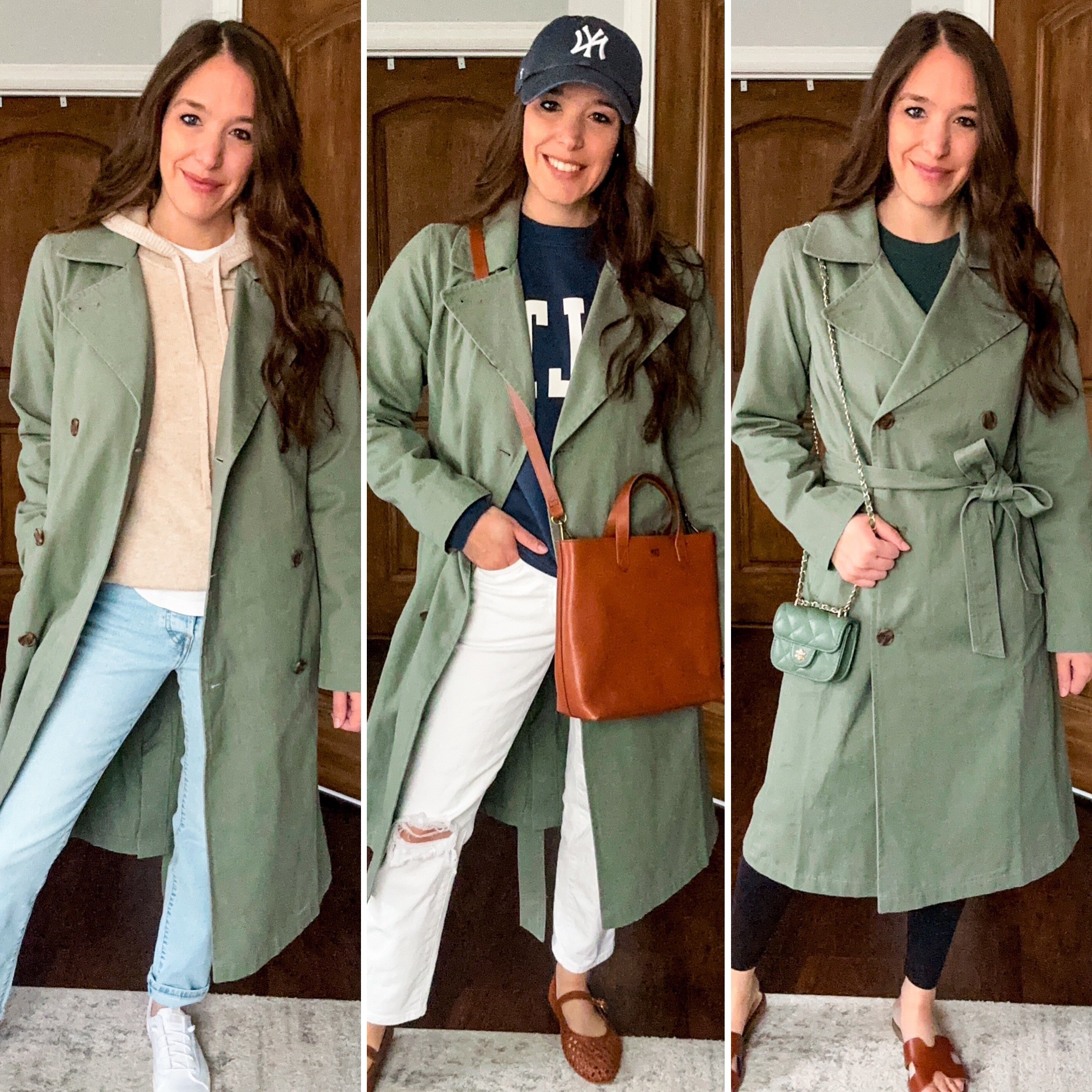 Spring capsule wardrobe series #1 styling a trench coat. This one is from GAP factory and it’s currently 30% off! Such a steal! Wearing XS 
Denim tts regular 
White denim up one size short 
Hoodie small 
Sweatshirt XS 
Sweater XS
Leggings small short 
Shoes all tts 
White tee XS 

#LTKStyleTip #LTKFindsUnder50 #LTKPetite