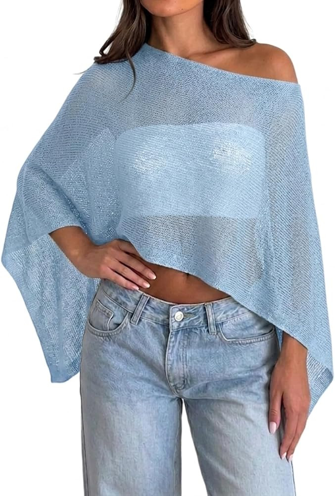 Womens Sheer Poncho Top Y2k Knitted Summer Asymmetrical Mesh Shawl Pullover Sweater Cover Up Tops | Amazon (US)