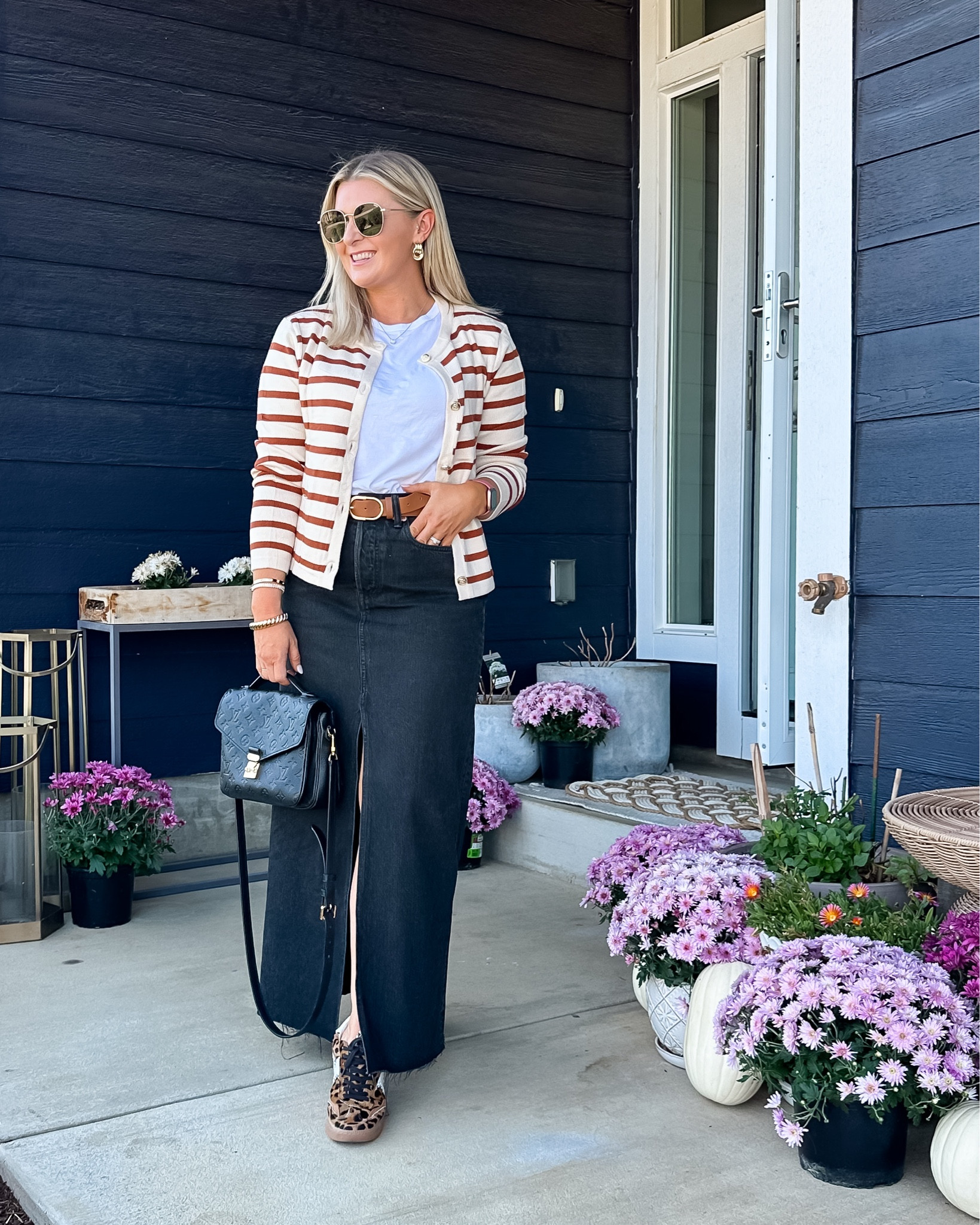 Fall outfit idea 

27 skirt. Runs a bit generous IMO 
small cardi
Medium tee 
Shoes TTS - I get the same size I wear in Nike 

#LTKFallSale #LTKSeasonal #LTKStyleTip