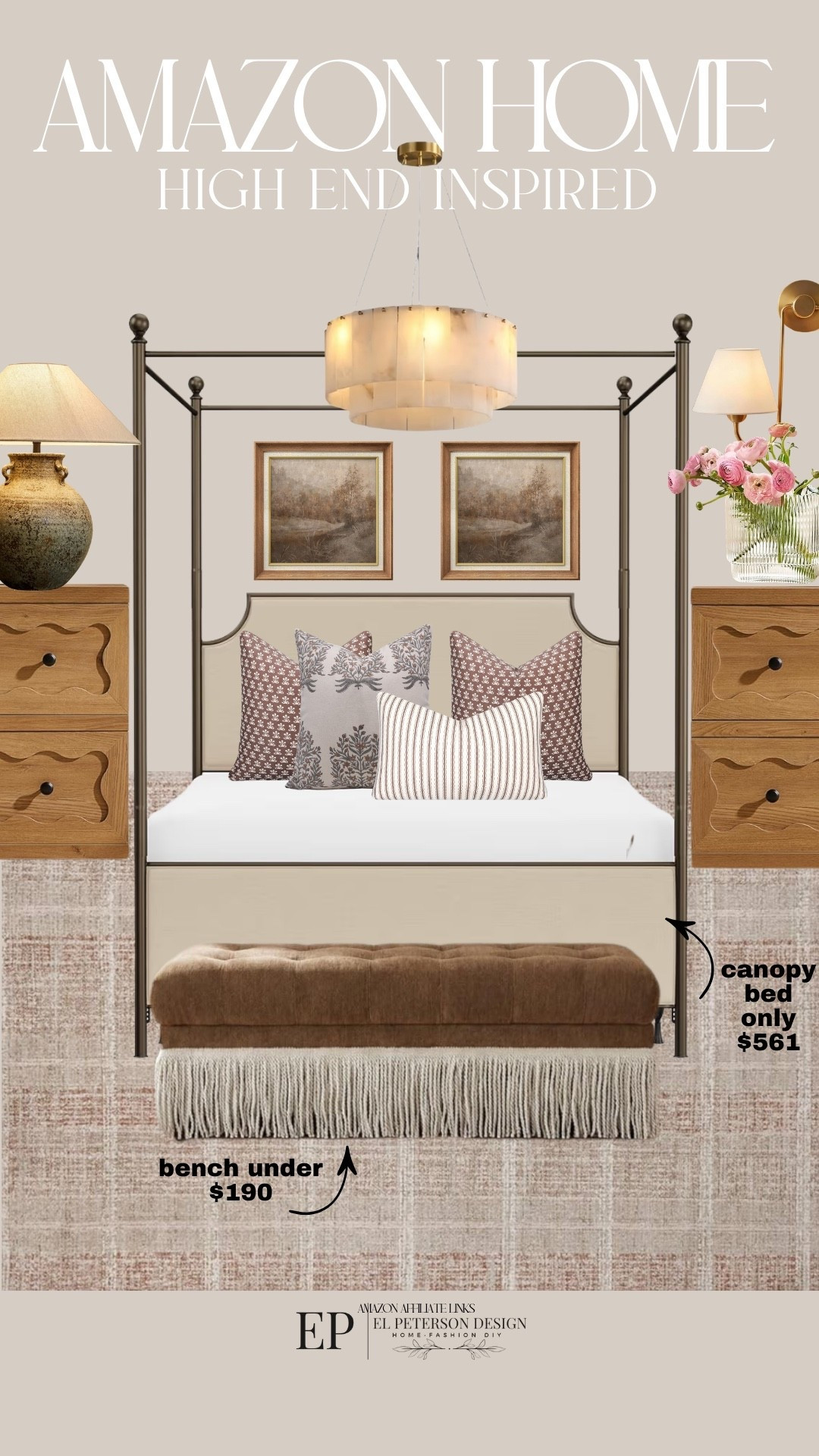 Amazon Home
Canopy bed
Throw pillows
Nighstands
Artwork
Chandelier 
Table lamp
Vase
Wall sconce 
Bench 

#LTKHome
