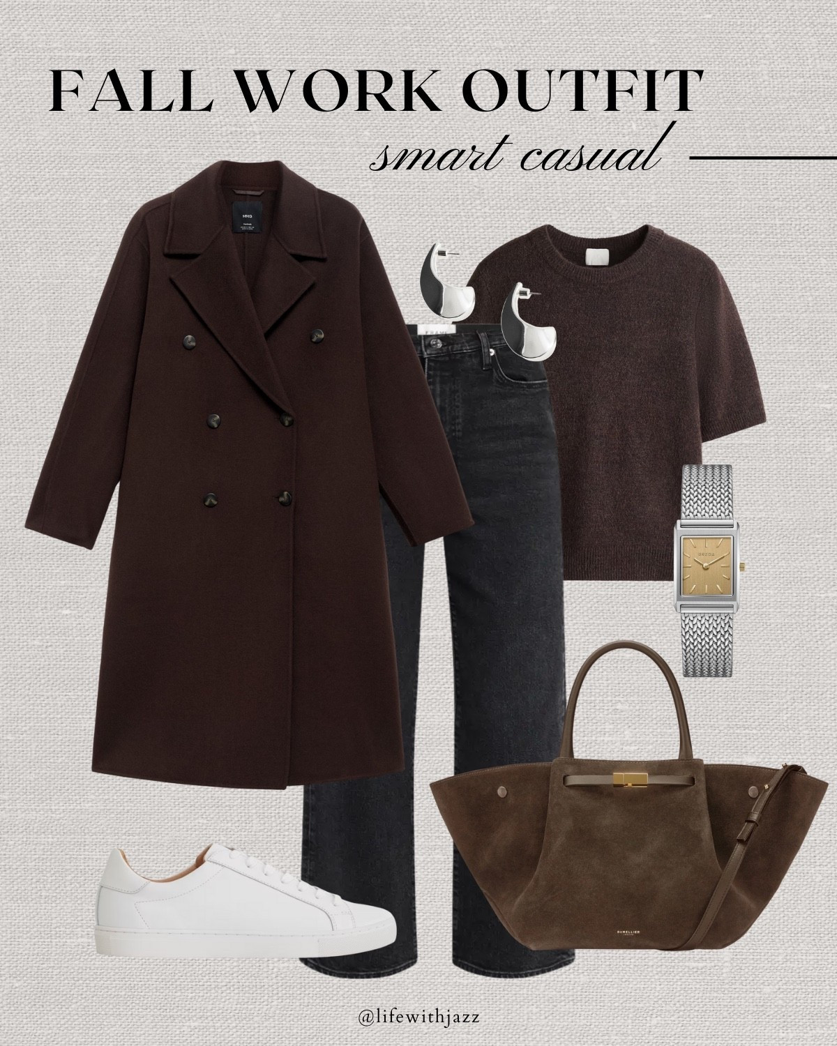 Fall work capsule outfit 

Fall capsule / office outfit / smart casual style/ chocolate brown coat / chocolate brown sweater tee / black ankle jeans / sneakers / Demellier tote / Breda watch 

#LTKWorkwear #LTKStyleTip