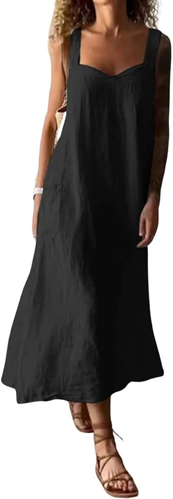 chouyatou Women's Summer Spaghetti Strap Sleeveless Linen Overall Dress Casual A-Line Midi Long B... | Amazon (US)