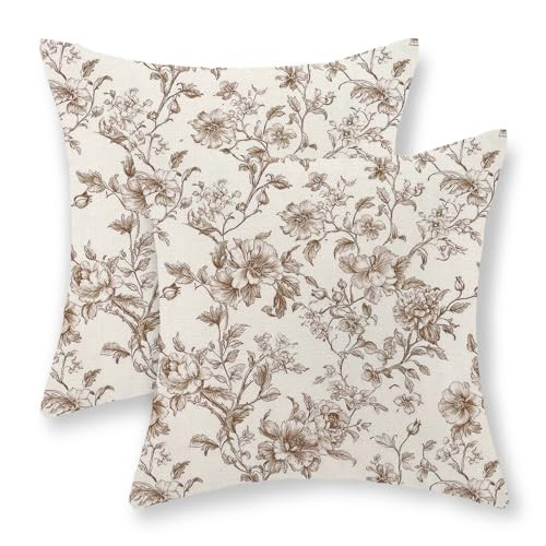 GOLIANDA Brown Pillow Covers 24x24 Set of 2 Brown and Cream Floral Chinoiserie Throw Pillows Vintage Rustic Toile Flower Decorative Pillow Cases Outdoor Chinoiserie Decor Cushion Case for Couch Sofa | Amazon (US)