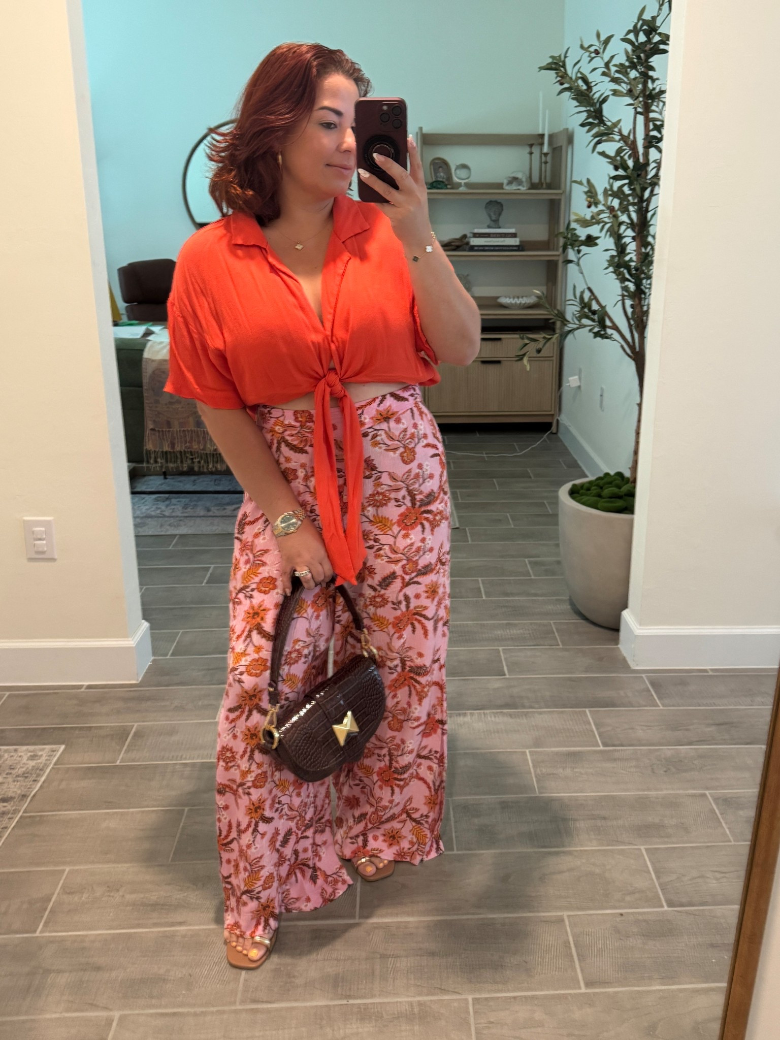 The perfect , spring or summer classy outfit . Printed wide leg pants with tie front shirt . Macduggal
Bag and dolce vita sandals . 

#LTKFindsUnder50 #LTKItBag #LTKStyleTip