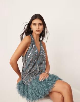 ASOS EDITION embellished plunge neck mini dress with faux feather hem in blue | ASOS (Global)
