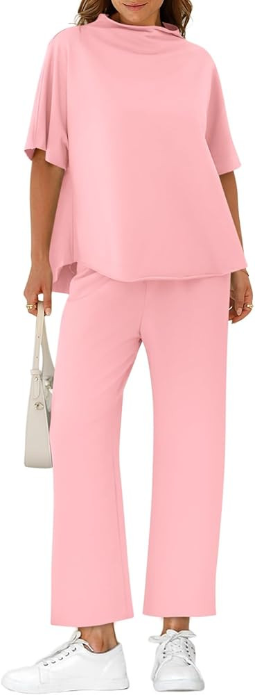 Yousify Women's Two Piece Sets 3/4 Batwing Sleeve Capelet Crew Neck Pullover Top Wide Leg Pants L... | Amazon (US)