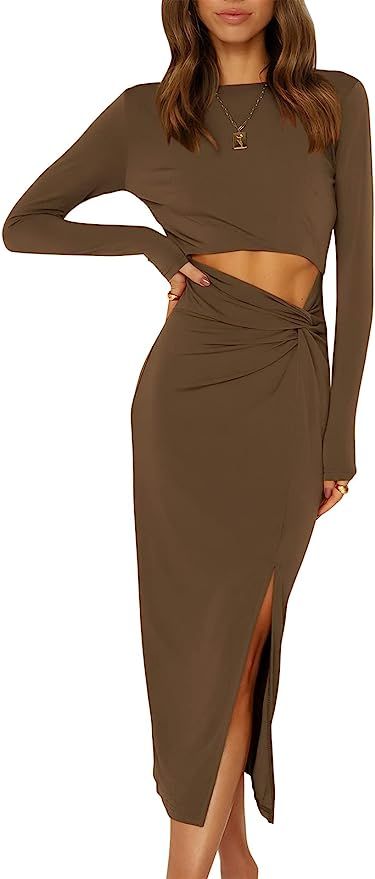 ANRABESS Women's Long Sleeve Round Neck Twist Cutout Side Slit Bodycon Midi Long Dress 622kafei-M... | Amazon (US)