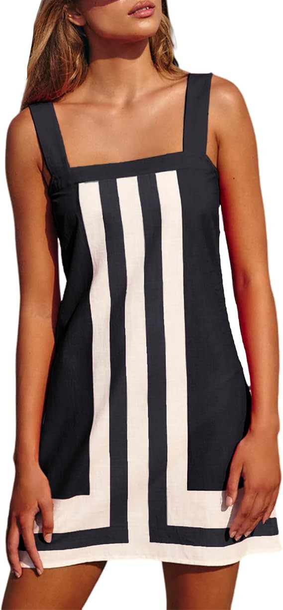 Fiona Jolin Women's Striped Mini Dress Boho Shoulder Strap Sundress Summer Cover Up Dress for Bea... | Amazon (US)
