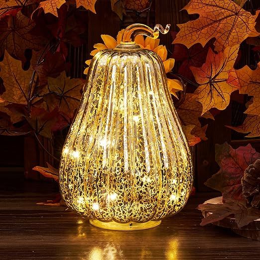 Mercury Glass Pumpkin Light Décor with Timer for Halloween Pumpkin Thanksgiving Autumn Décor Fa... | Amazon (US)