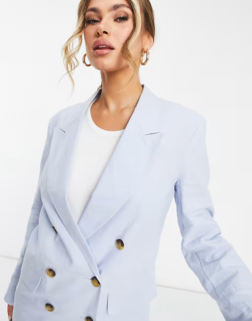 ASOS DESIGN clean double breasted linen suit blazer in blue | ASOS | ASOS (Global)