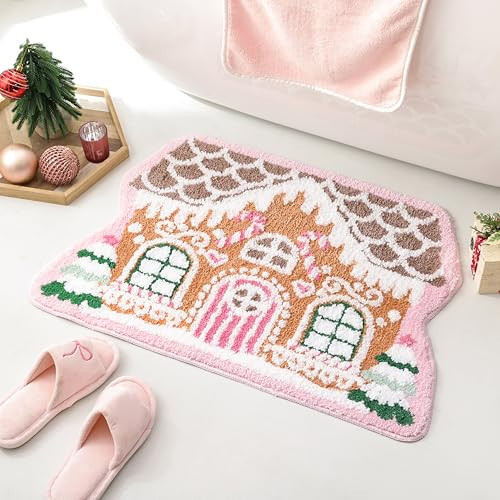 TRUEDAYS Christmas Bathroom Rug - Gingerbread House Rug, Absorbent Bath Mat for Bathroom & Tub Non Slip - Pink Soft Gingerbread Bath Mat, Holiday Decorations Gift for Entryway, Kitchen (20'' x 30'') | Amazon (US)