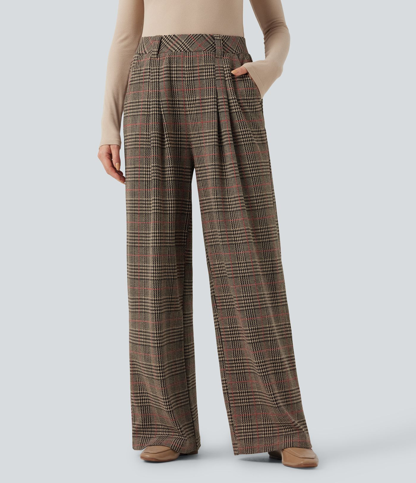 Women’s High Waisted Pocket Wide Leg Houndstooth Plaid Casual Pants - Halara | HALARA