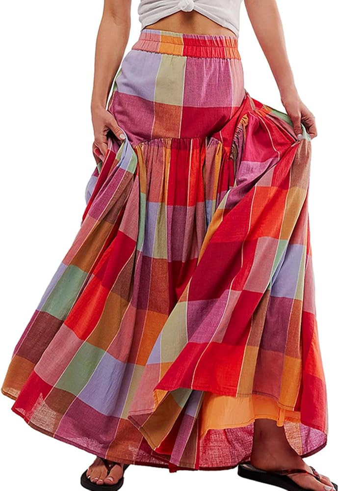Women's Gingham Maxi Skirt Summer High Waisted Boho Colorful Plaid Pleated Long Skirts | Amazon (US)