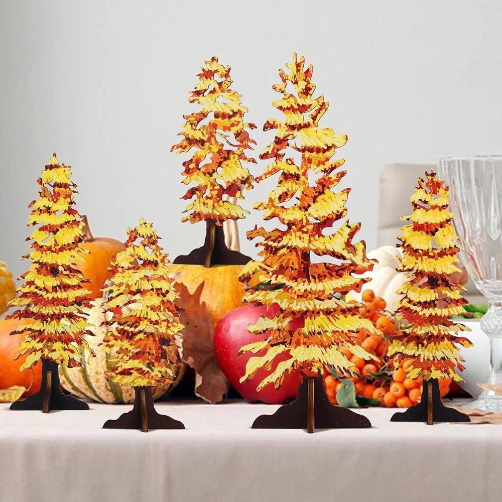 The Holiday Aisle® 5 Pcs Fall Decor Gold Fall Mantel Decor Wooden Free Standing Fall Trees Art R... | Wayfair North America