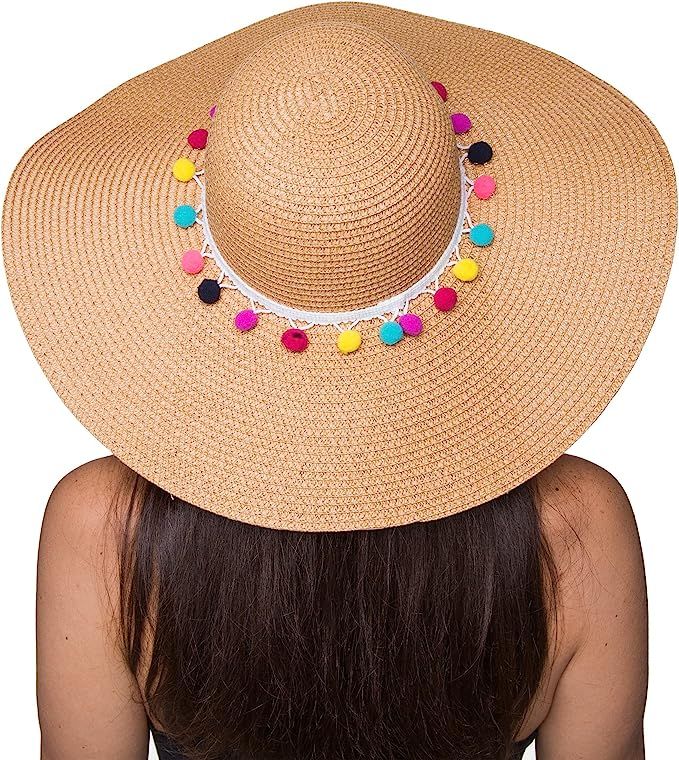 Womens Beach Straw Sun Hat with Pom Pom Floppy Brim - Foldable for Summer Outdoors | Amazon (US)