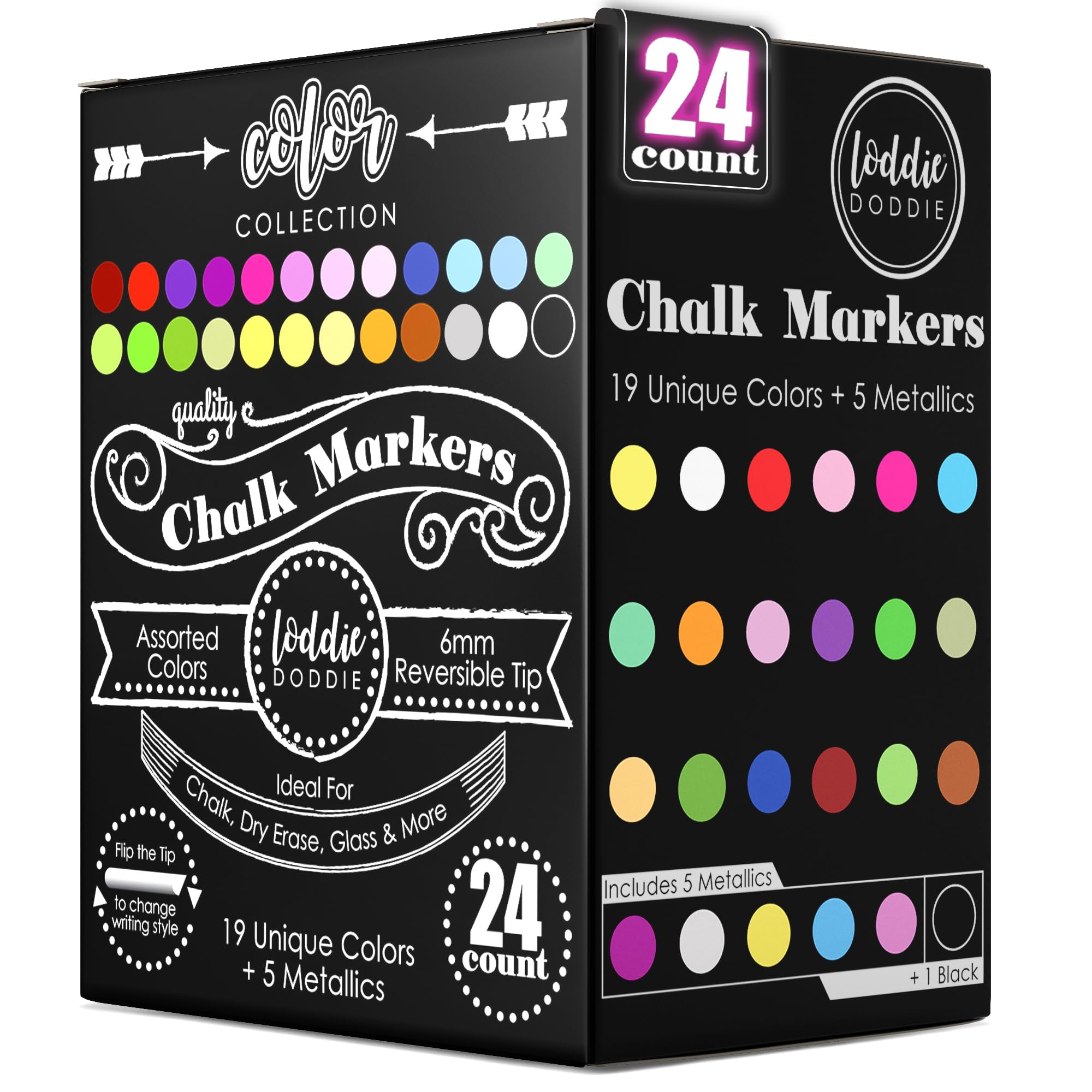 Loddie Doddie Chalk Markers - 24-Pack, 6mm Reversible Bullet & Chisel Tip - Dust-Free, Erasable L... | Amazon (US)
