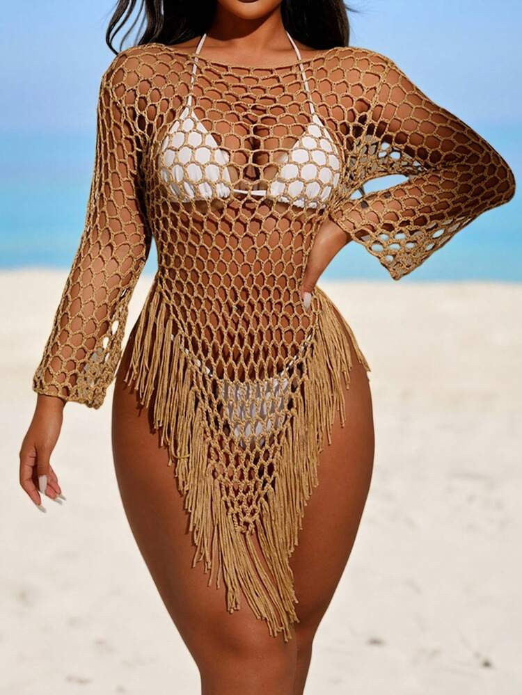 Swim SXY Summer Beach Women's Fashionable Hollow Out Long Sleeve Fringed Cover Up | SHEIN