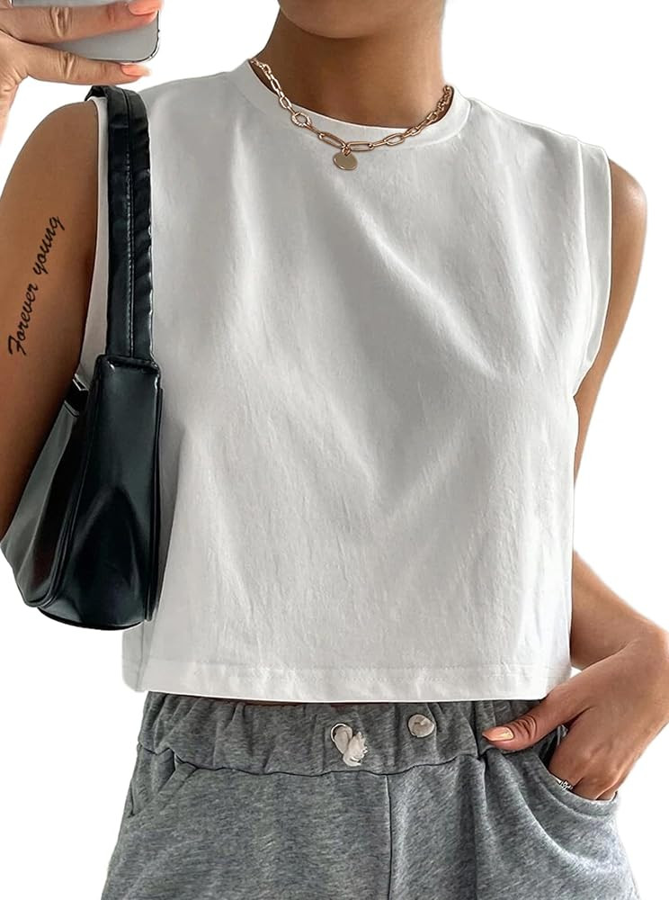 Hilinker Womens Crew Neck Loose Crop Tank Tops Workout Casual Sleeveless T-Shirt | Amazon (US)