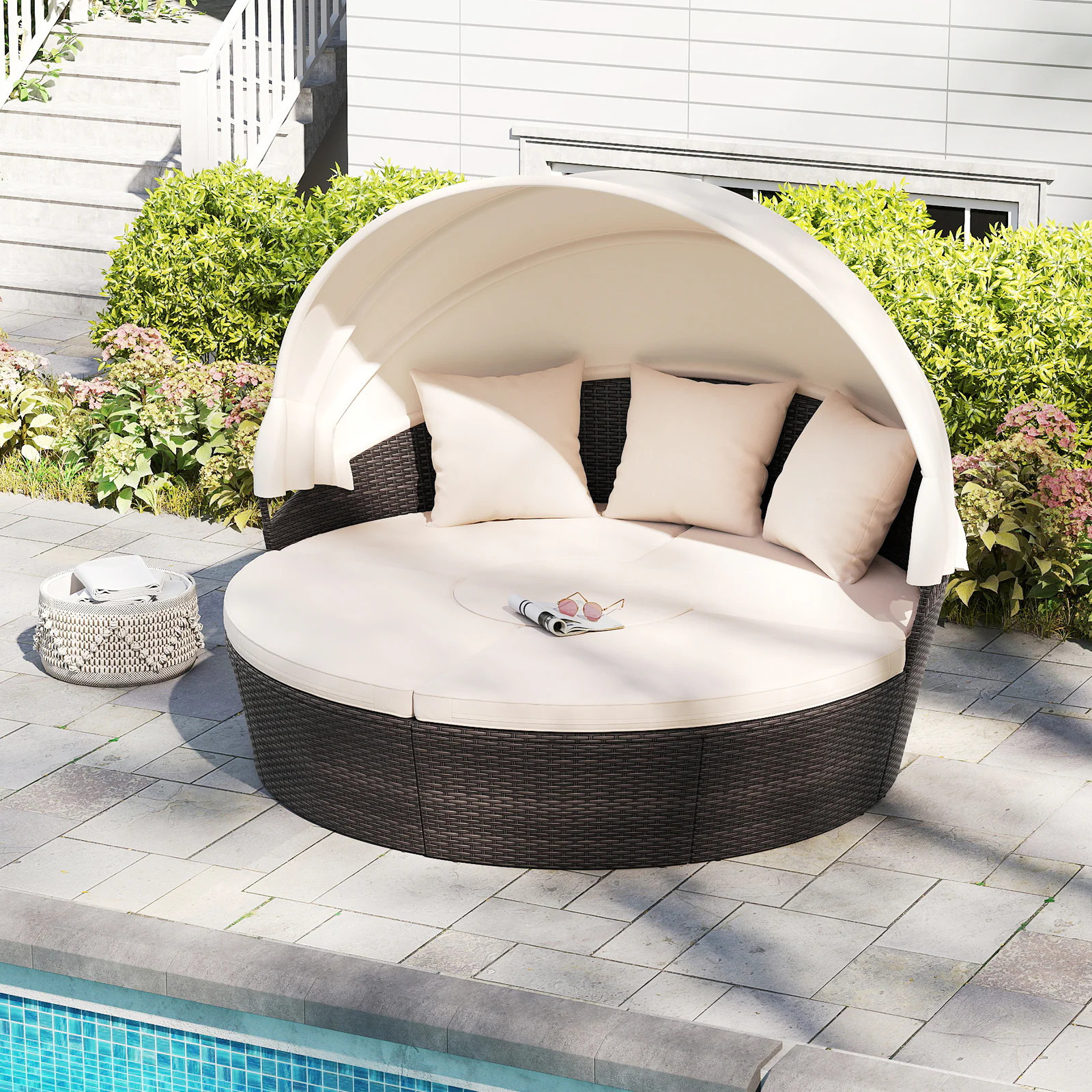 Forclover Patio Round Daybed with Retractable Canopy Rattan Outdoor Daybed with White Cushions and Steel Frame | HBV-HW518 | Lowe's