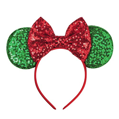 Eisyaa Christmas Mouse Ears Bow Headbands, Sequin Christmas Minnie Ears Headband Glitter Party Princess Decoration Cosplay Costume (Green) | Amazon (US)